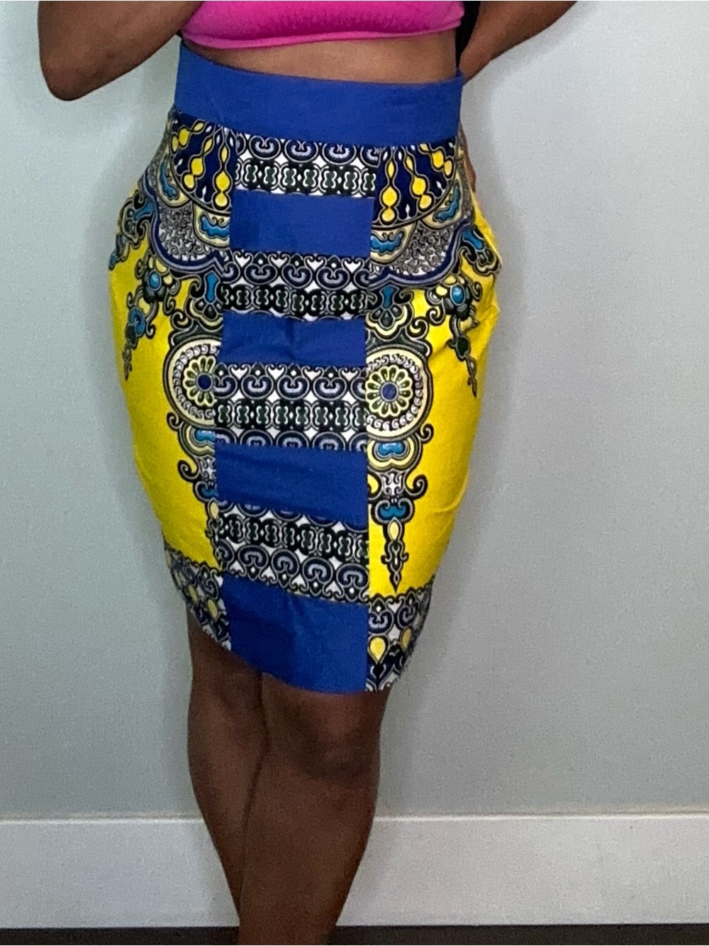 Ankara African Fabric Vibrant Blue & Yellow Patterned Pencil Skirt